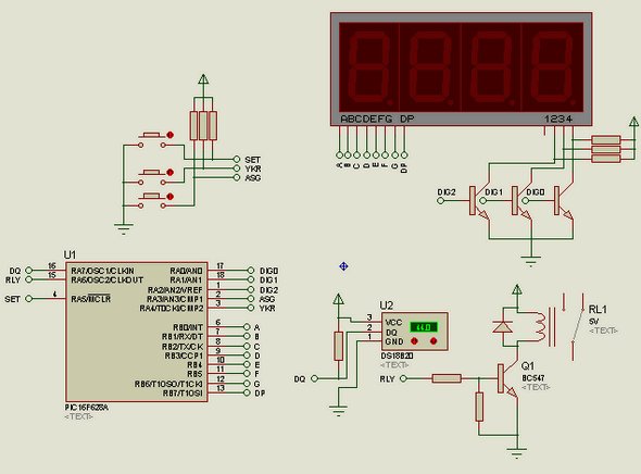PIC16f628 DS18B20 Adjustable thermometer circuit Schematic