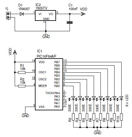 Schematic design with the PIC16F84A microcontroller