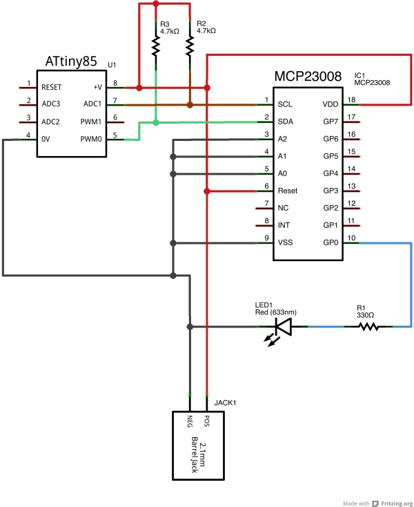 TinyWireMCP23008 - MCP23008 library for ATtiny85 microcontroller Schematic