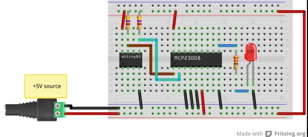 TinyWireMCP23008 - MCP23008 library for ATtiny85 microcontroller