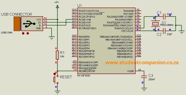 USB Human Interface Device Communication with PIC Microcontroller - MikroC Schematic