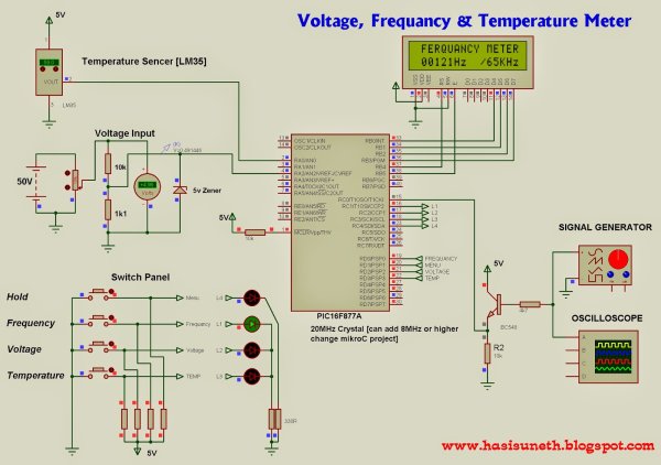 Voltage, Temperature & Frequency Meter With PIC Micro controller schematic