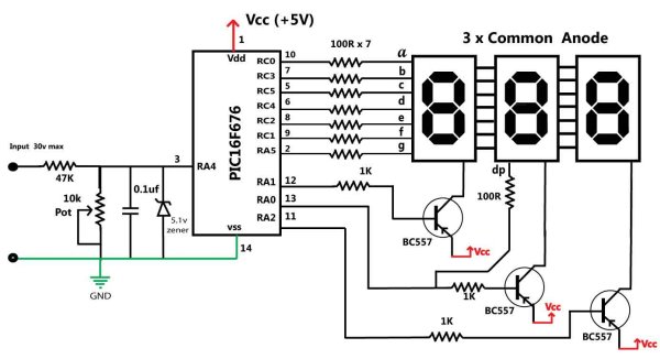 30 volts Panel Volt Meter Using PIC MCU schematic