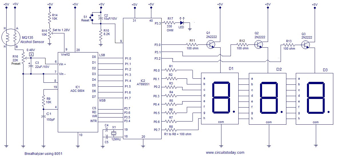 Breathalyzer circuit using 8051 schematic