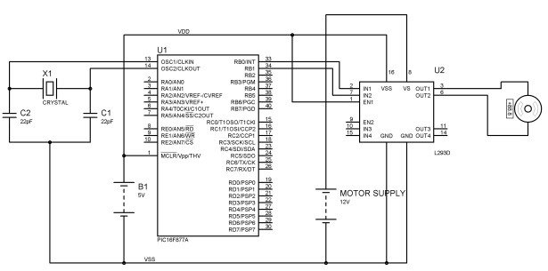 Interfacing DC Motor with PIC Microcontroller using L293D schematic