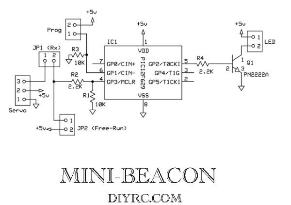 Mini Beacon miniature programmable LED Flasher that is based around a PIC12F629 microcontroller schematich