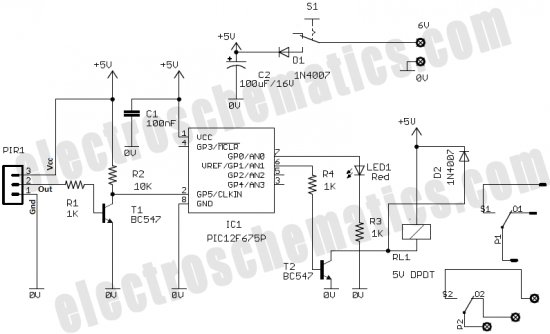 PIC12F675 Microcontroller Based Security Alarm Circuit schematich