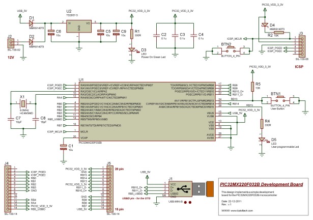 Self-made development board for the 32-bit PIC32MX220F032B Microcontroller schematich