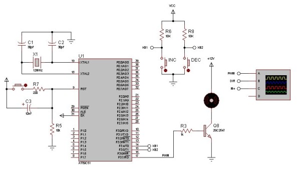 Speed control of DC motor by PWM in Proteus simulation schematich