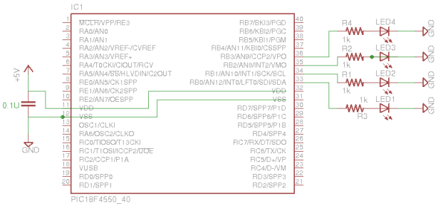 PIC18F4550 Tutorial Blink LED 2 schematic