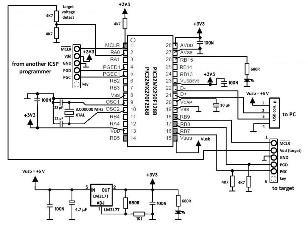 ICSP Programmer for PIC32 microcontroller family schematic