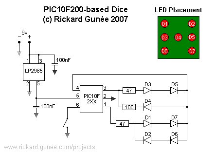 PIC10F200 based dice schematic