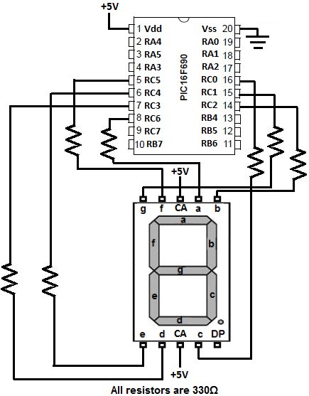 PIC16F690 Microcontroller Circuit- How to Drive an LED Display schematic