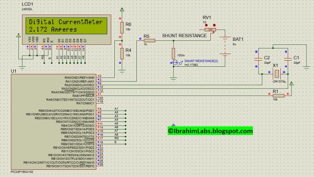 Simple Digital Current Meter (DCM) using PIC microcontroller (Schematic + code + Proteus simulation) schematic