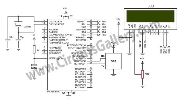 Simple Digital GPS Speedometer Using PIC16F877A with LCD Display schematic