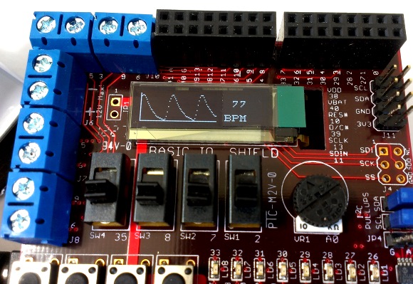 PPG waveform and Pulse Rate displayed on the OLED screen