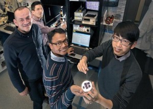 Research team showing off their quantum-dot doped nanomaterial (back to front: Chang-Yong Nam and Mircea Cotlet of Brookhaven Lab's Center for Functional Nanomaterials with Stony Brook University graduate students Prahlad Routh and Jia-Shiang Chen). (Source: Brookhaven)  "Our particular 2-D material system (SnS2) [tin disulfide] is similar to Si [silicon], in that it has an indirect band gap, not providing sufficient electroluminescence for light-emitting diodes, but there are other 2-D materials with high luminescence such as MoS2 [molybdenum sulfide] WS2 [tungsten disulfide] which can be used in view of the Qdot-2D hybrid architectures for LEDs," Mircea Cotlet, the physical chemist who led this work at Brookhaven Lab's Center for Functional Nanomaterials (CFN ), a Department of Energy (DoE) Office of Science User Facility, told EE Times in an exclusive interview.  Instead of emitters, Brookhaven concentrated on receivers of optical energy in layered metal dichalcogenide semiconductors—dual chalcogen anions (ions with more electrons than protons) plus one or more electropositive elements usually sulfides, selenides, and tellurides, rather than oxides—in Brookhaven's case sulfide). Brookhaven did the work with Stony Brook University (including doctoral candidate Prahlad Routh) and the University of Nebraska.  The researchers call their material a hybrid because they dope the electrical conductivity of layered tin disulfide semiconductor with the light harvesting of different spectrums of light from various sized quantum dots. In more detail, the quantum dots absorb the frequency of light corresponding to its diameter, then transfer their energy to the tin disulfide semiconductor. As a result, they prove to be a good candidate for solar light conversion and other similar light sensors.