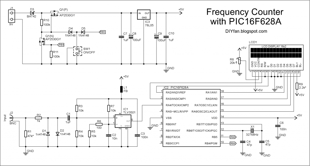 Schematic 100MHz frequency counter with PIC16F628A  LCD Display