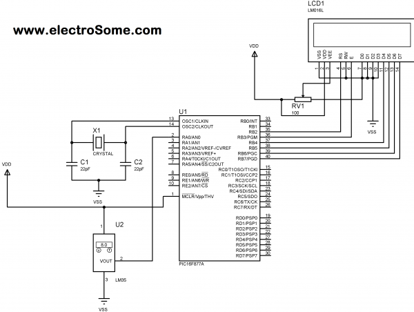 Schematic Digital Thermometer using PIC Microcontroller and LM35 Temperature Sensor