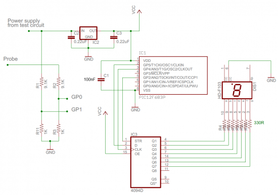 Schematic Digital logic probe for troubleshooting TTL and CMOS circuits