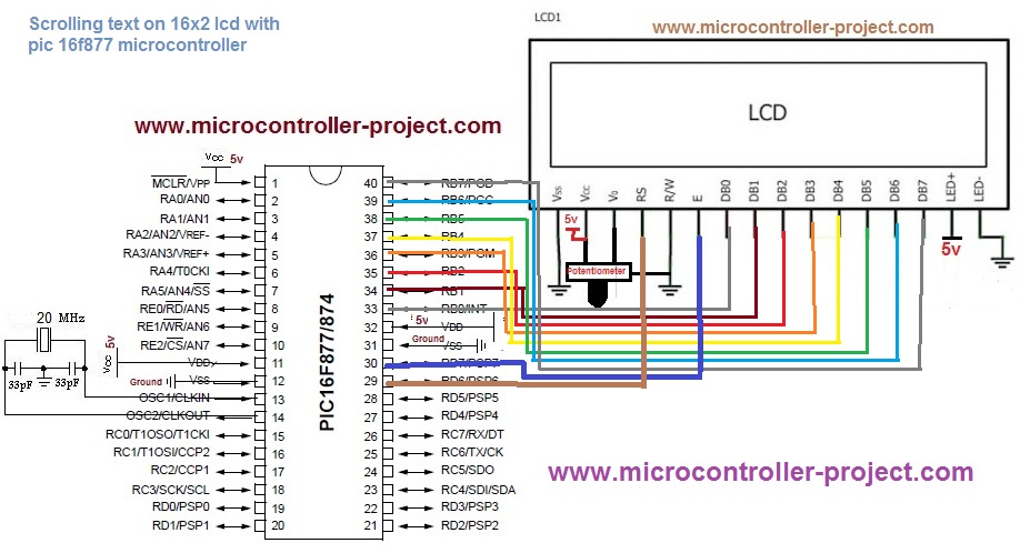 Schematic Displaying Scrolling(Moving) text on 16x2 lcd Using Pic16f877 and Pic18f452 Microcontroller