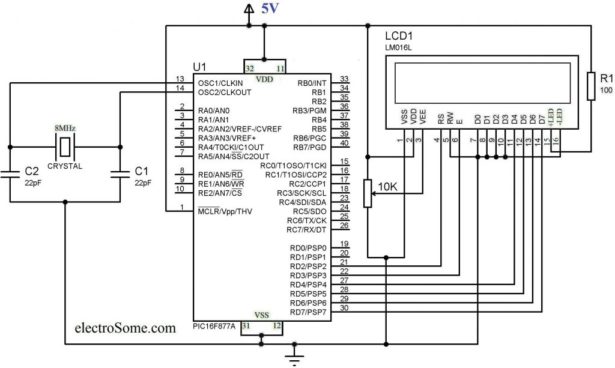 Schematic Interfacing LCD with PIC Microcontroller – MPLAB XC8
