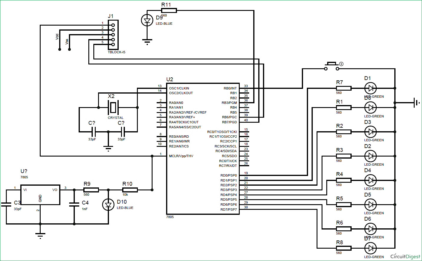 Schematic LED Blinking Sequence using PIC Microcontroller