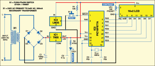 Schematic PIC16F877A Based Temperature Monitoring System