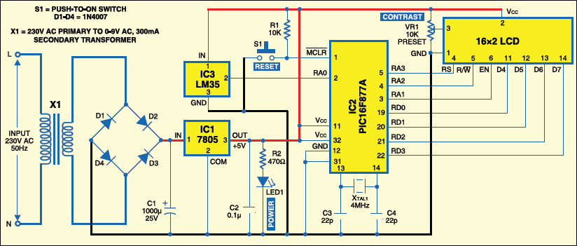 Schematic PIC16F877A-Based Temperature Monitoring System