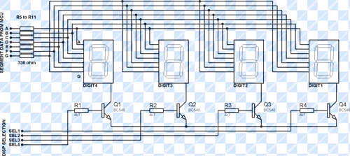 Schematic Using Multiplexed 7 Segment Displays – PIC Microcontroller Tutorial