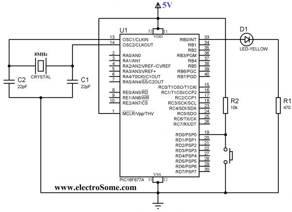 Schematic Using Push Button Switch – MPLAB XC8