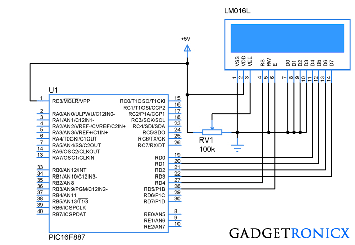 Schematic 4 Bit LCD interfacing and programming with PIC Microcontroller