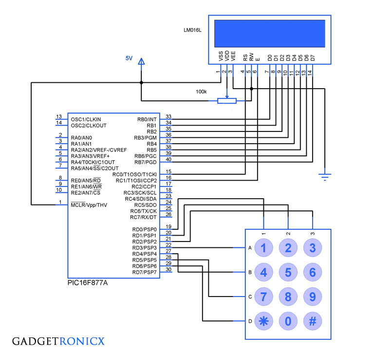 Schematic Interfacing LCD and Keypad with PIC16F877A Microcontroller