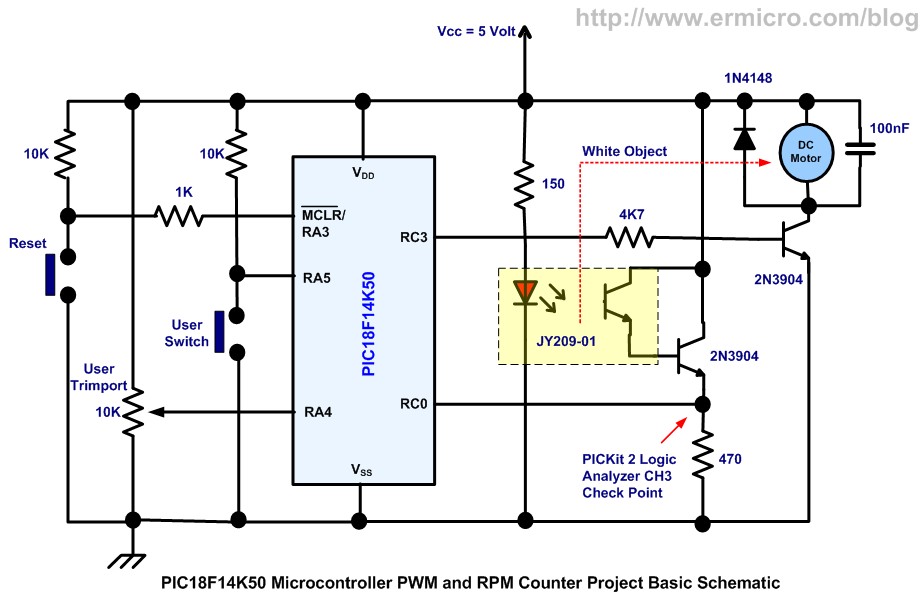 Schematic PIC18 Pulse Width Modulation (PWM) DC Motor Speed Controller with the RPM Counter Project