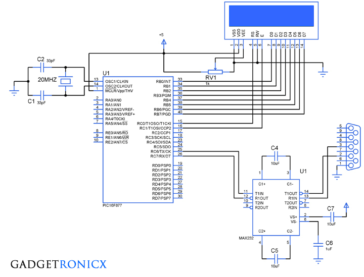 Schematic Transmitting and receiving data using UART protocol PIC Microcontroller