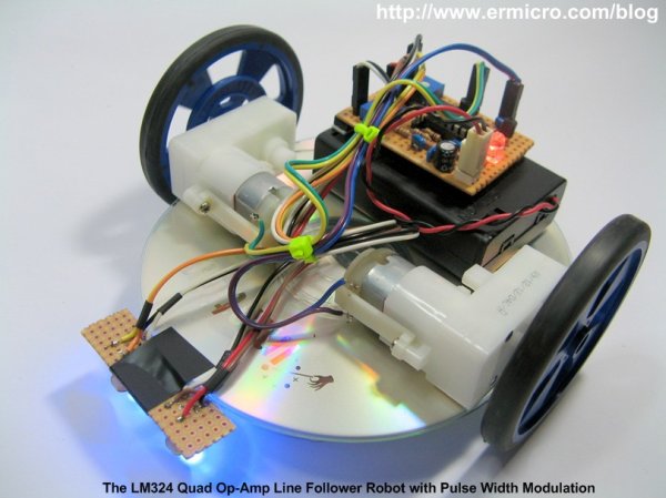 The LM324 Quad Op Amp Line Follower Robot with Pulse Width Modulation