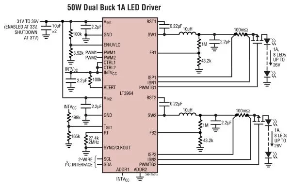 LT3964 Dual 36V Synchronous 1.6A Buck LED Driver with I2C