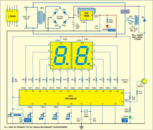 E3C Fig. 1 Circuit of time controlled switch using PIC16F72 microcontroller