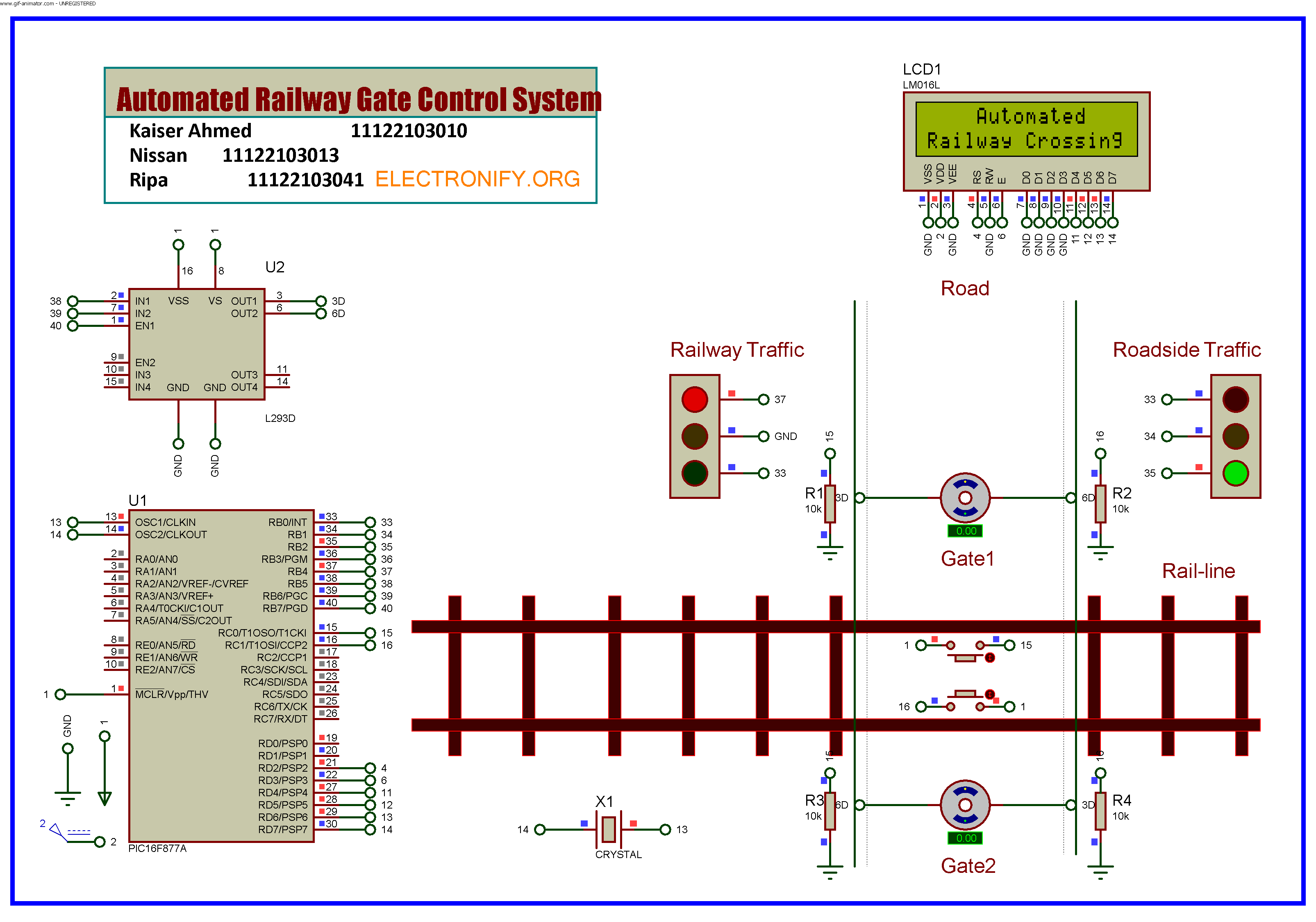 Automatic Railway Gate Control System Using PIC16F877A microcontroller schematioc diagram