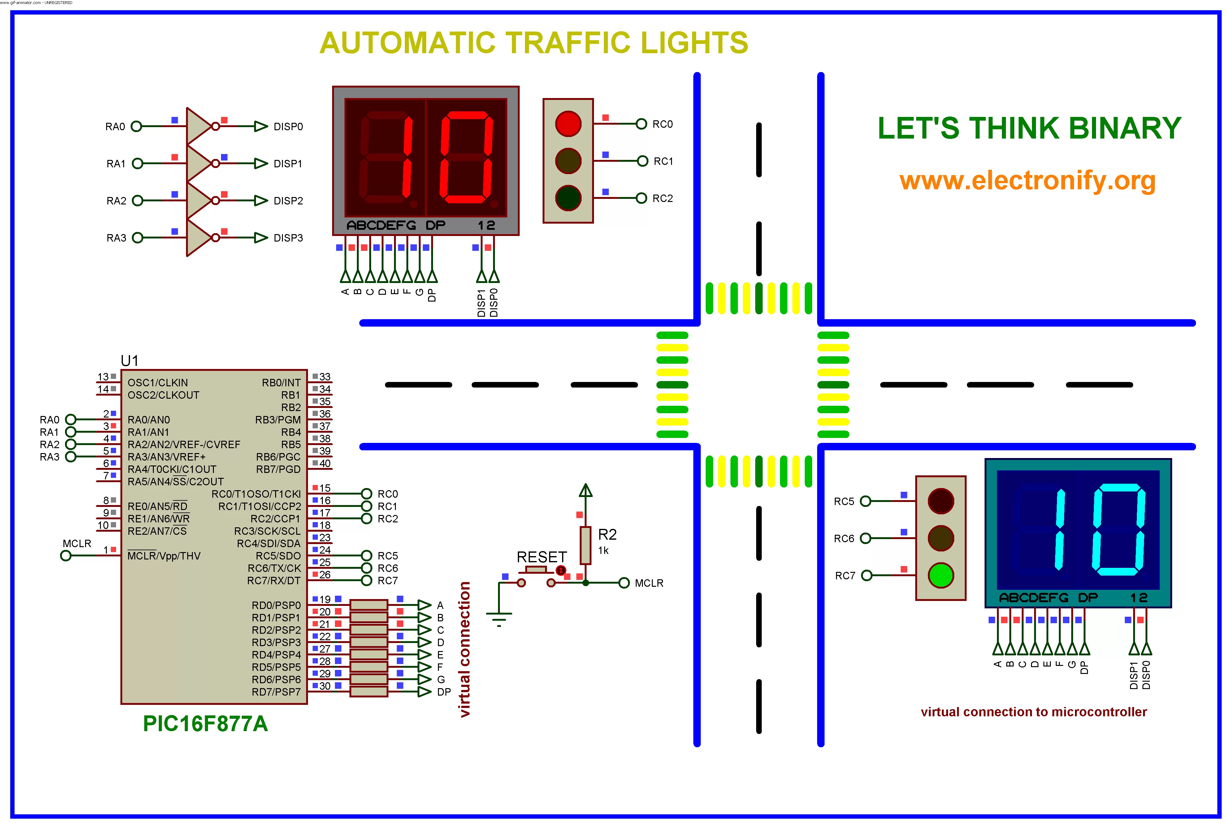 Automatic traffic light using PIC16F877A Microcontroller schematic diagram