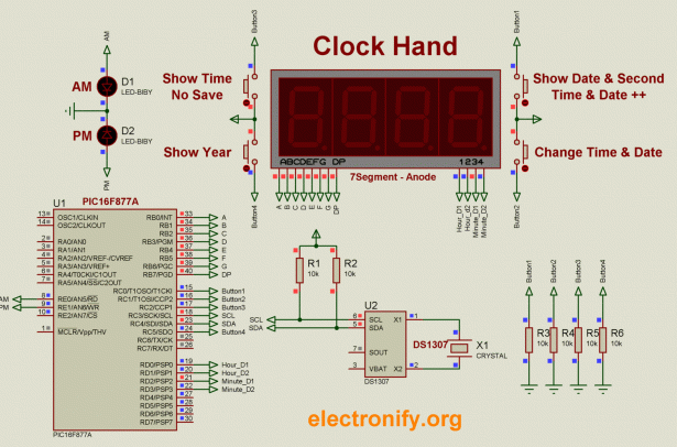 DS1307 Based Hand Clock with seven segment display using PIC16F877A schematic diagram