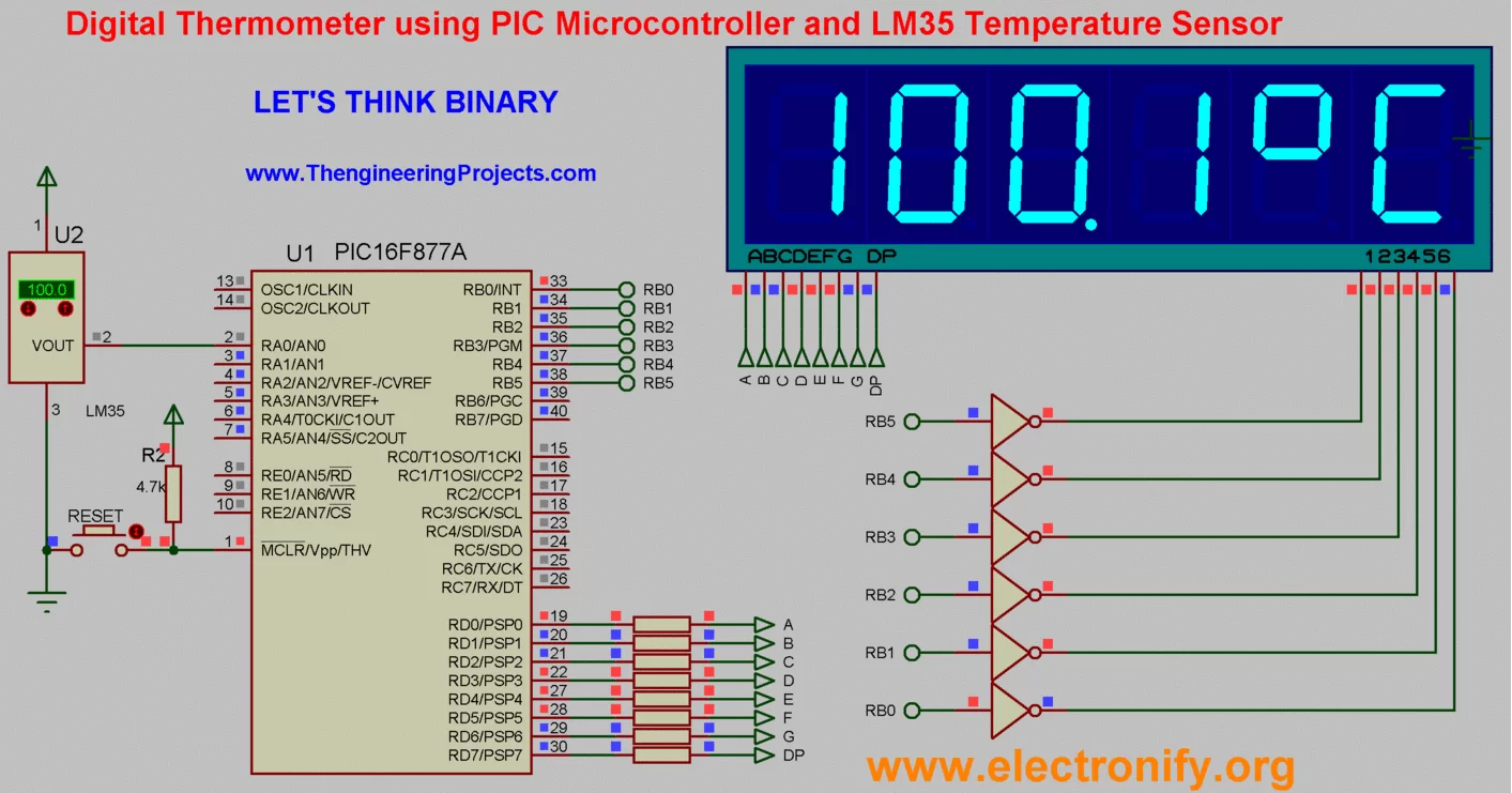 Digital Thermometer using PIC16F877A and LM35 schematic diagram