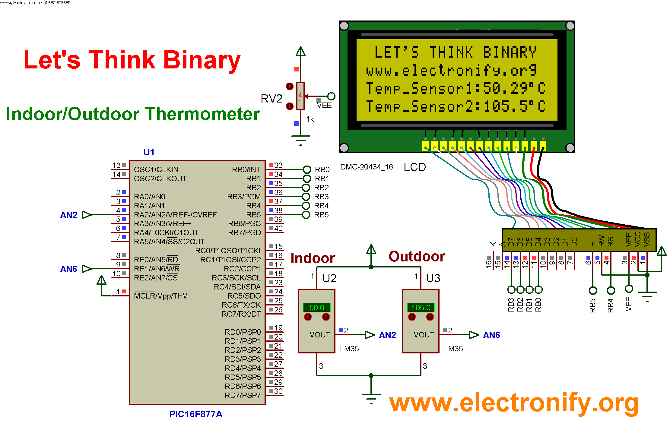 Double sensor interface Indoor-OutdoorThermometer using PIC16F877A Microcontroller schematic diagram