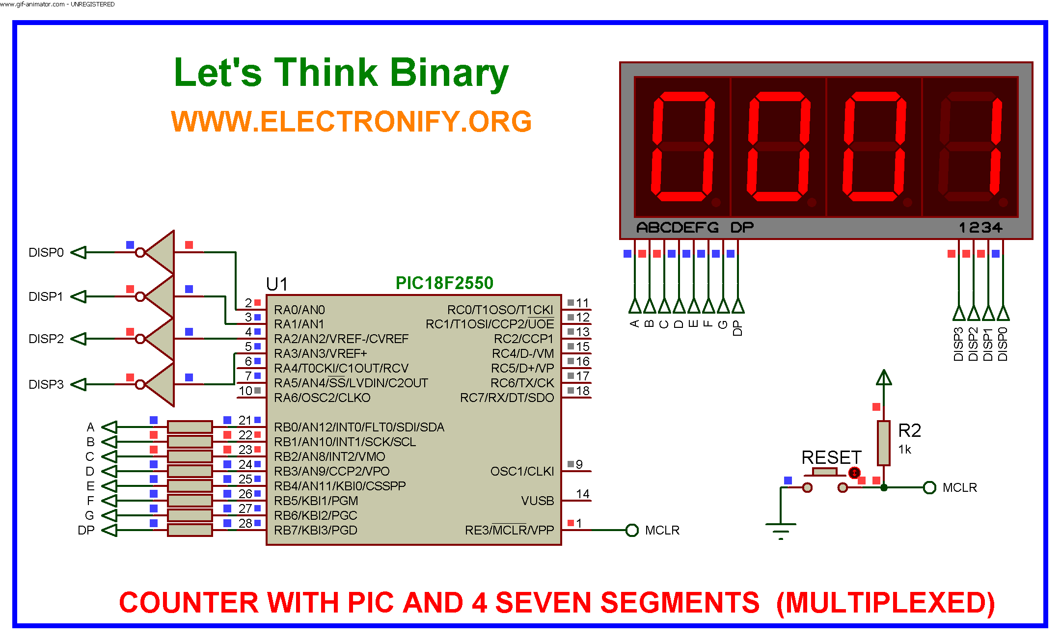 MULTIPLEXING 7 SEGMENT DISPLAY USING PIC18F2550 MICROCONTROLLER schematic diagram