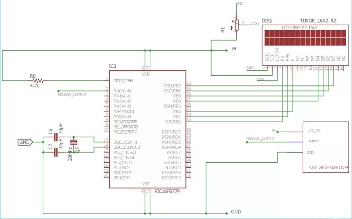 Circuit Diagram for Pulse Sensor interfacing with PIC Microcontroller