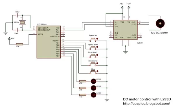 DC motor control with PIC16F84A and L293D schematics