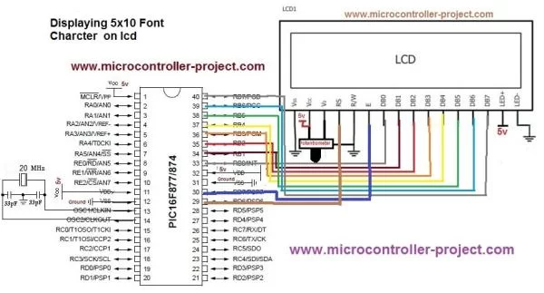 How to display 5x8 and 5x10 size font characters on 16x2 lcd with 8-bit microcontrollers schematics