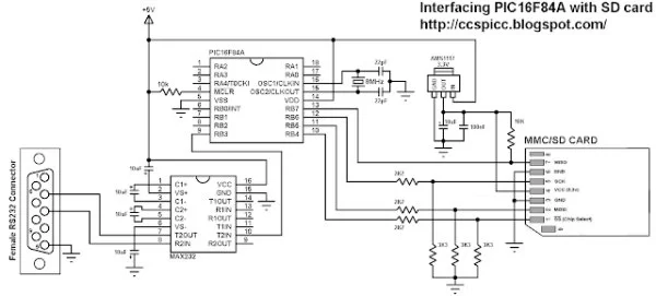 Interfacing PIC16F84A with SD card schematics