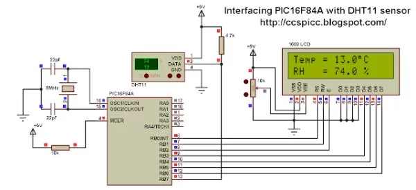 PIC16F84A + DHT11 Proteus simulation schematics