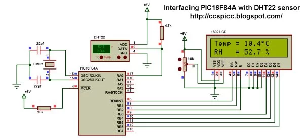 PIC16F84A + DHT22(AM2302, RHT03) sensor Proteus simulation schematics